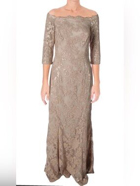 Size 8 Lauren Ralph Lauren Taupe floral lace Long evening Gown Mother of Bride